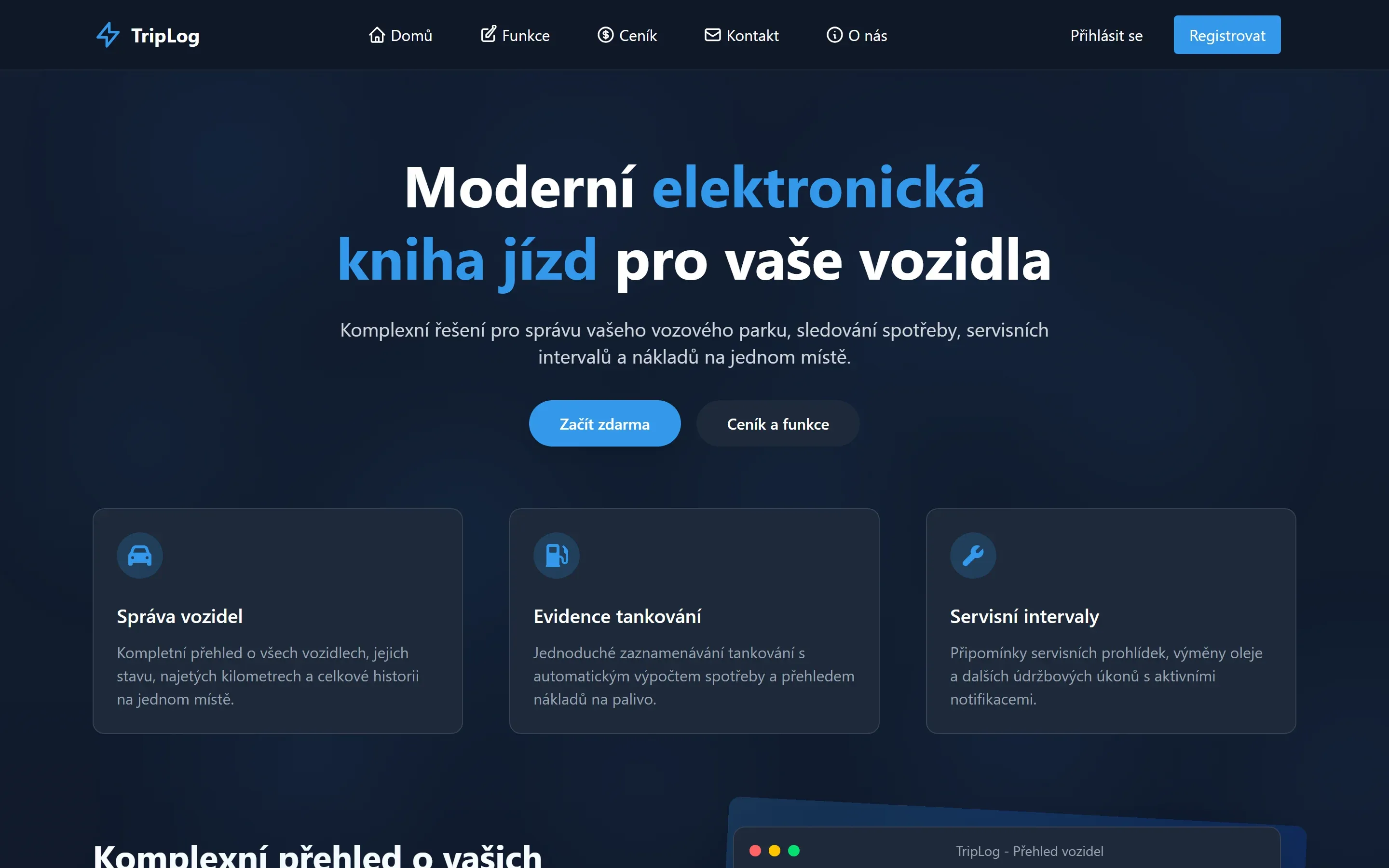 Úvodní stránka aplikace TripLog, elektronické knihy jízd
